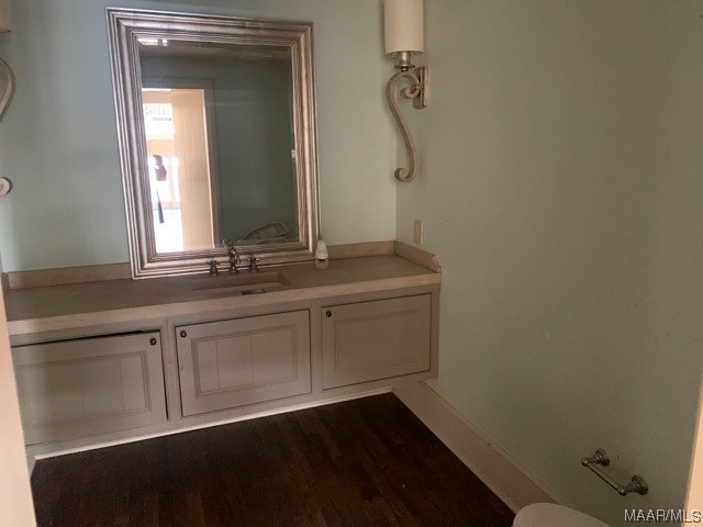 bathroom with vanity and wood-type flooring