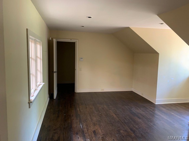 additional living space featuring dark hardwood / wood-style flooring, lofted ceiling, and plenty of natural light