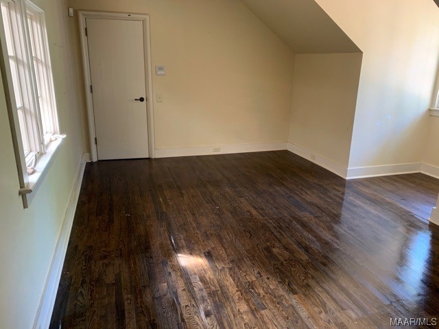 interior space featuring lofted ceiling and dark hardwood / wood-style flooring