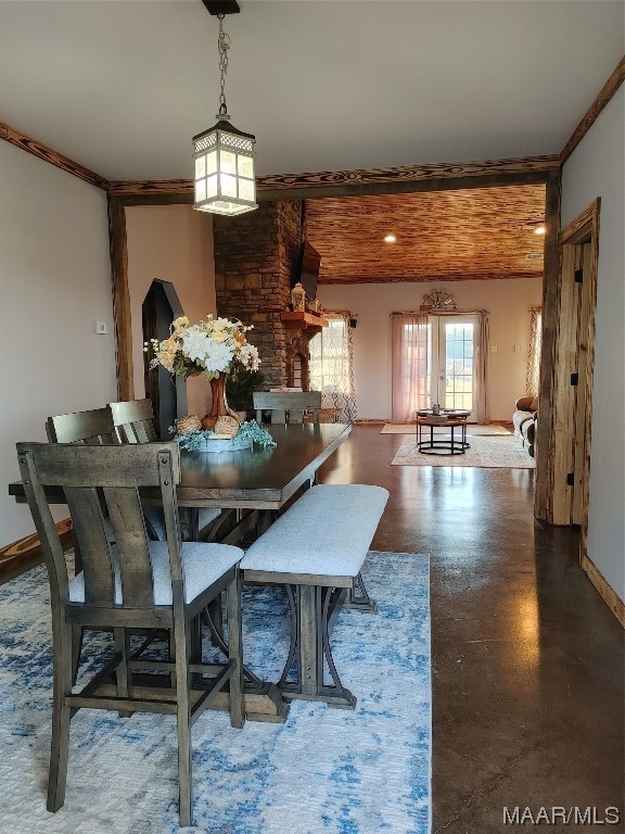 dining area with brick wall