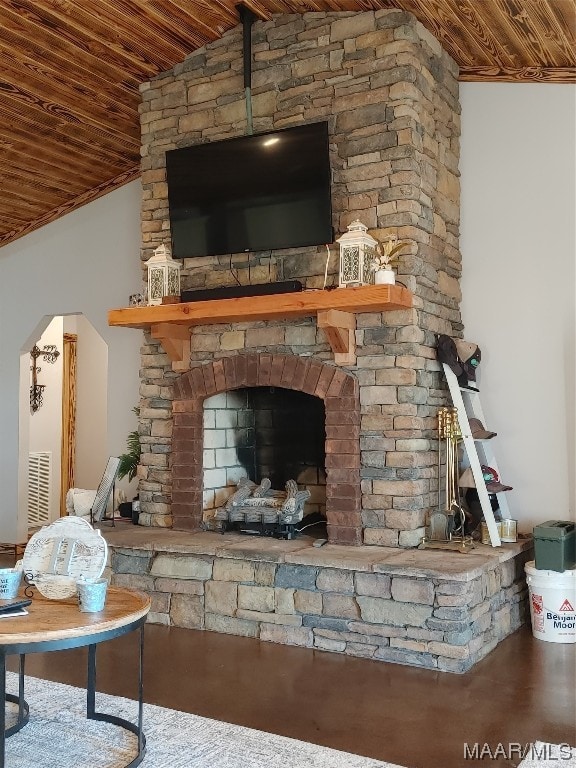 115 County Road 489th Rd, Verbena, AL 36091 - living room with wood ceiling, vaulted ceiling, and a fireplace