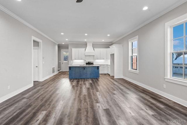 kitchen with ornamental molding, an island with sink, white cabinets, and premium range hood