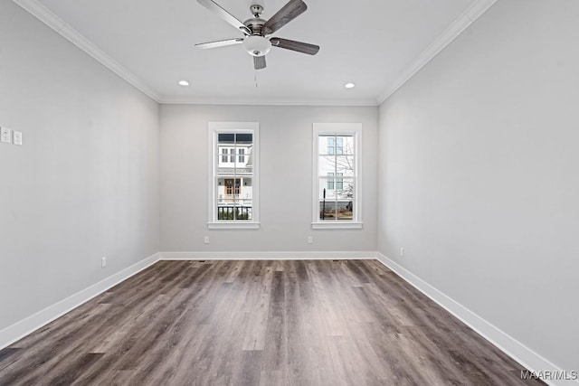 empty room featuring crown molding, ceiling fan, and dark hardwood / wood-style flooring