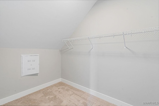 spacious closet with vaulted ceiling and carpet