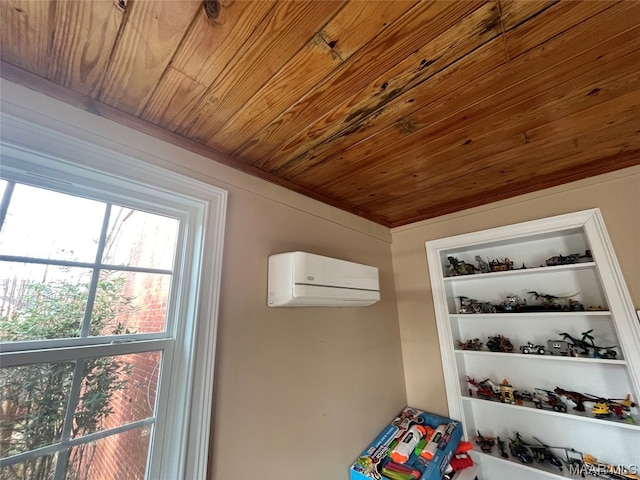 interior details with wood ceiling, built in shelves, and an AC wall unit