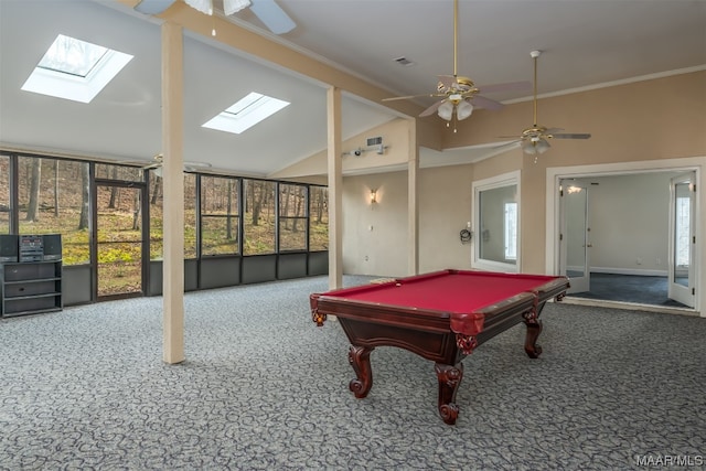 rec room with plenty of natural light, billiards, and carpet floors