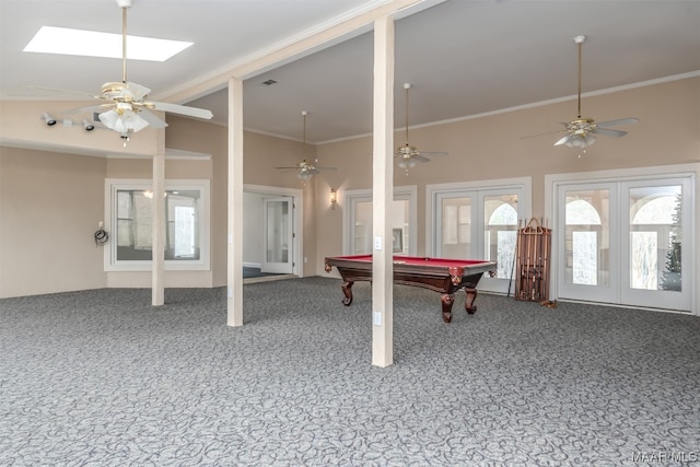 rec room featuring crown molding, french doors, carpet flooring, and pool table