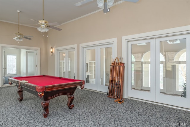 rec room featuring ceiling fan, crown molding, carpet floors, pool table, and french doors