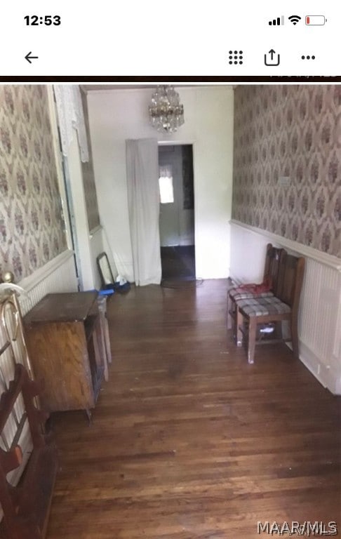 hallway featuring a notable chandelier and dark wood-type flooring