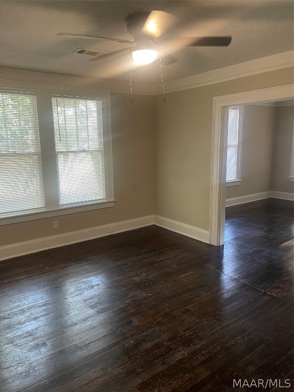 unfurnished room with dark hardwood / wood-style floors, ceiling fan, and a healthy amount of sunlight