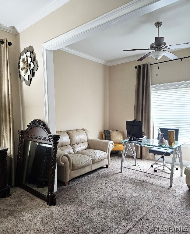 carpeted living room featuring ceiling fan and crown molding