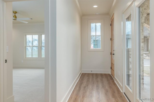 hallway featuring crown molding and light hardwood / wood-style floors