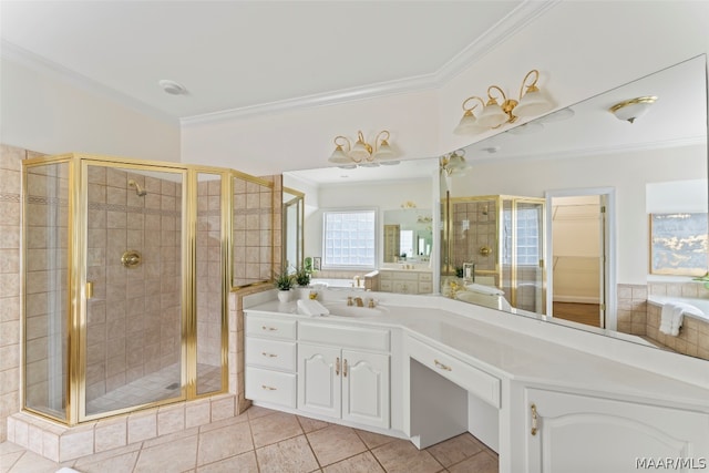 bathroom with vanity, crown molding, tile patterned flooring, and a shower with door