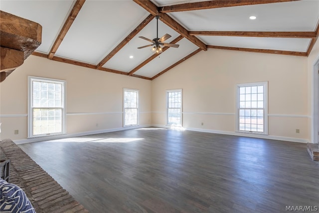 unfurnished living room featuring high vaulted ceiling, beam ceiling, ceiling fan, and dark wood-type flooring