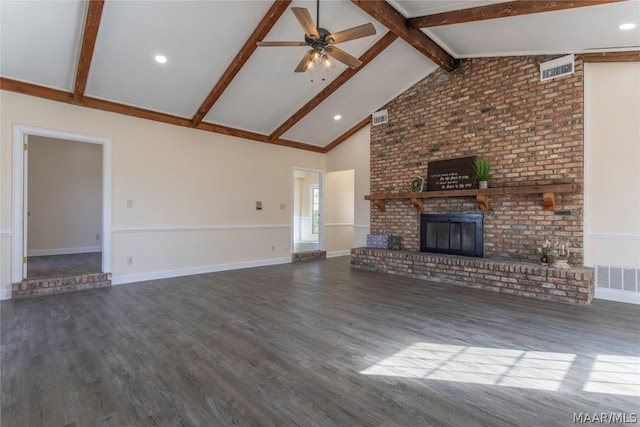 unfurnished living room featuring ceiling fan, a brick fireplace, high vaulted ceiling, and dark hardwood / wood-style flooring