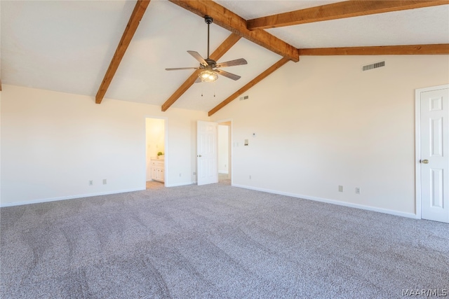 unfurnished living room featuring high vaulted ceiling, beam ceiling, light colored carpet, and ceiling fan