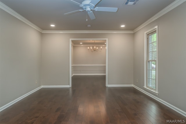 spare room with crown molding, ceiling fan with notable chandelier, and dark hardwood / wood-style flooring