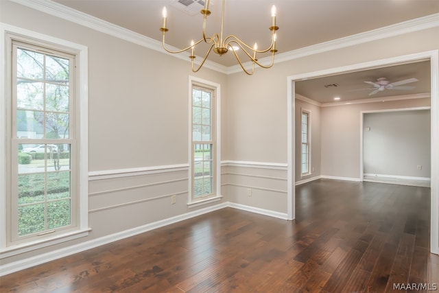 empty room with ornamental molding, dark wood-type flooring, and ceiling fan with notable chandelier