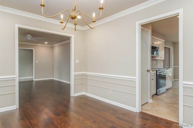 unfurnished room with ornamental molding, wood-type flooring, and ceiling fan with notable chandelier