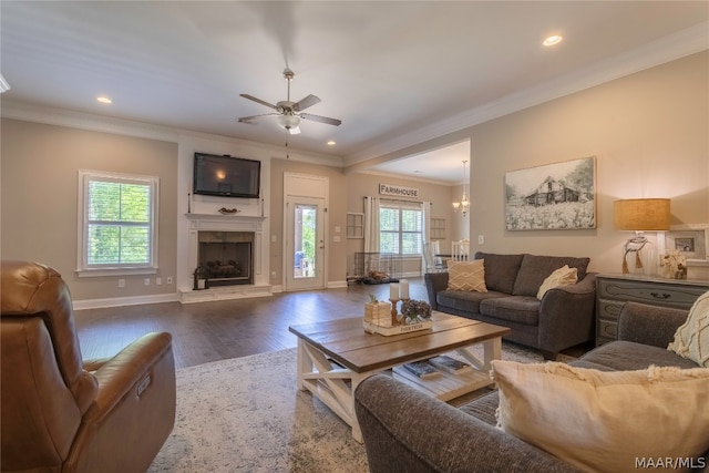 living room featuring ceiling fan, dark wood-type flooring, and crown molding