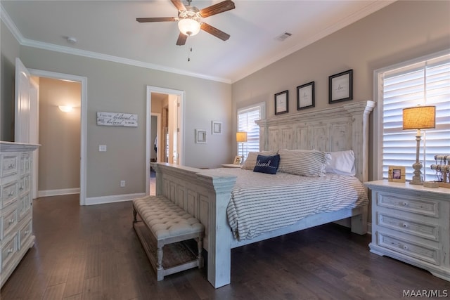 bedroom featuring ceiling fan, dark wood-type flooring, and crown molding