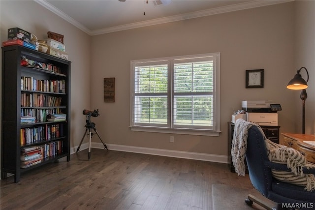 office space with ceiling fan, crown molding, and dark wood-type flooring