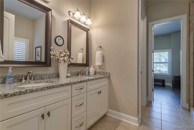 bathroom with double sink vanity and tile floors