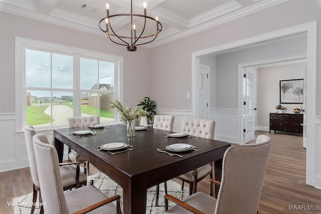 dining space featuring coffered ceiling, hardwood / wood-style floors, crown molding, a notable chandelier, and beam ceiling