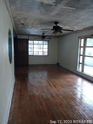 empty room with dark hardwood / wood-style flooring, ceiling fan, and a wealth of natural light