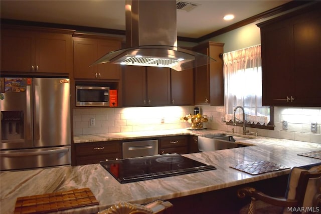 kitchen with sink, stainless steel appliances, crown molding, decorative backsplash, and island range hood