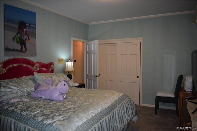 bedroom featuring a closet, dark carpet, and ornamental molding