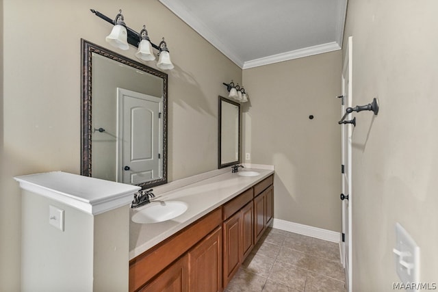 bathroom with tile floors, large vanity, double sink, and crown molding