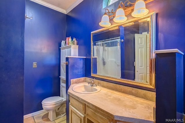 bathroom featuring vanity, crown molding, tile patterned flooring, and toilet