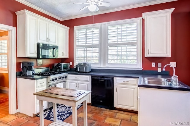 kitchen featuring sink, ceiling fan, black appliances, and white cabinets