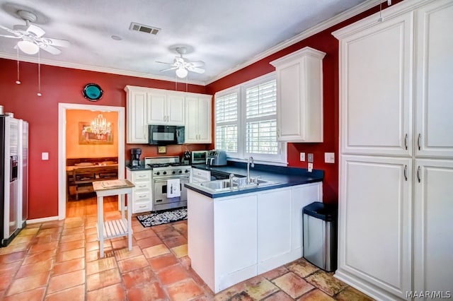 kitchen with kitchen peninsula, designer range, light tile patterned floors, white cabinetry, and ceiling fan