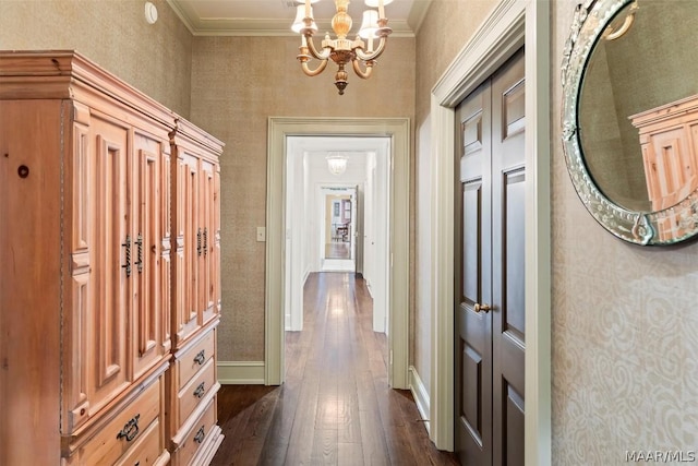 hallway featuring an inviting chandelier, baseboards, ornamental molding, and dark wood finished floors