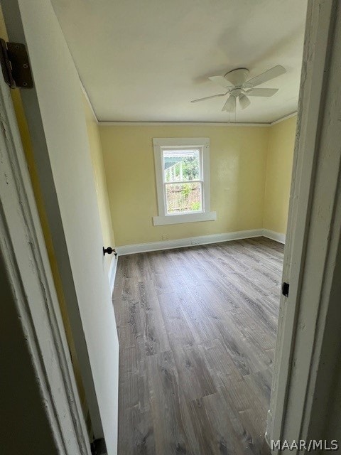 unfurnished room with crown molding, light hardwood / wood-style flooring, and ceiling fan