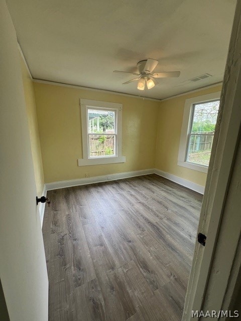 spare room featuring ceiling fan, dark hardwood / wood-style flooring, and crown molding