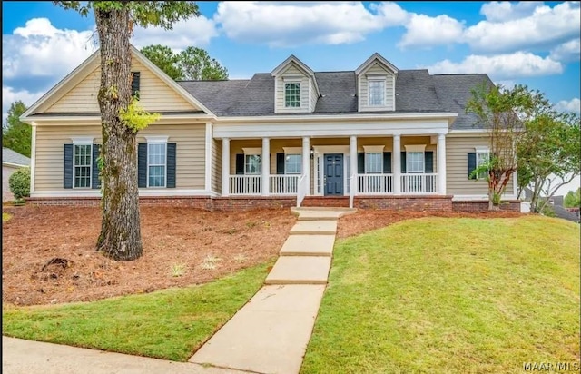 cape cod-style house featuring a front yard and covered porch