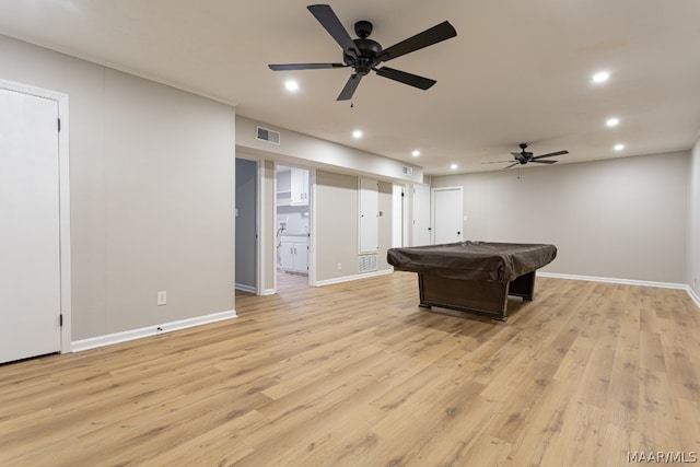 recreation room with light hardwood / wood-style floors, ceiling fan, and billiards