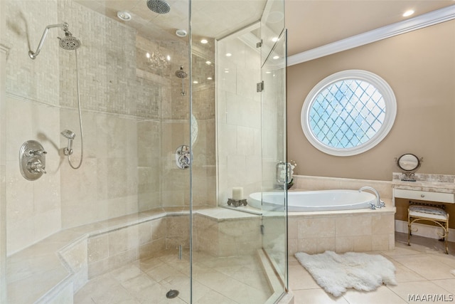 bathroom featuring tile flooring, ornamental molding, and separate shower and tub