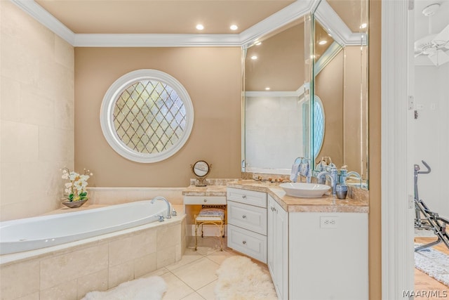 bathroom featuring tiled bath, tile flooring, vanity, and ornamental molding