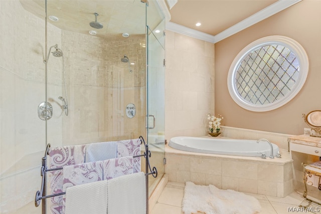 bathroom featuring plus walk in shower, ornamental molding, vanity, and tile flooring