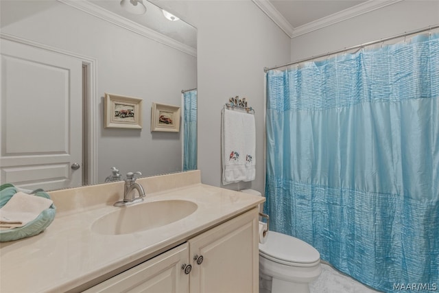 bathroom featuring oversized vanity, toilet, and ornamental molding