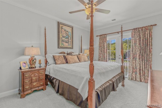 bedroom featuring carpet, access to outside, french doors, ornamental molding, and ceiling fan