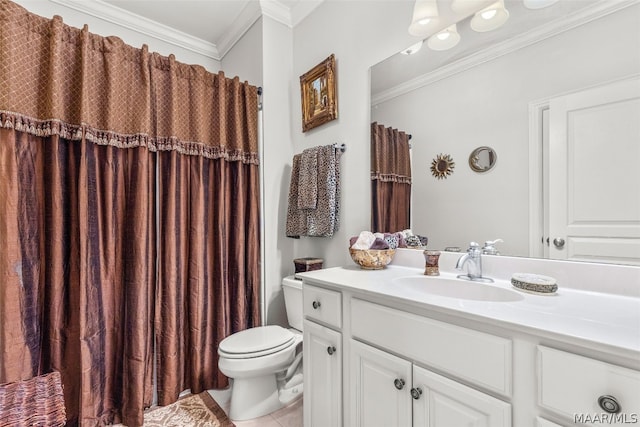 bathroom featuring vanity with extensive cabinet space, toilet, and crown molding