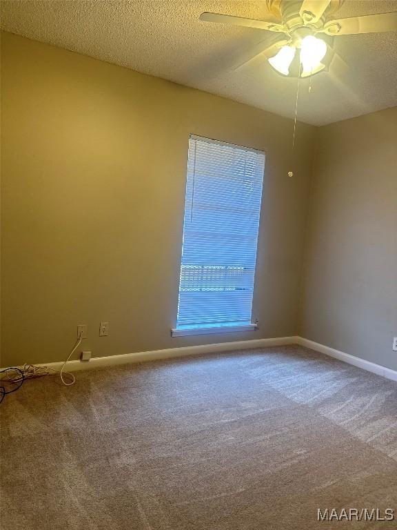 empty room featuring carpet, ceiling fan, and a textured ceiling