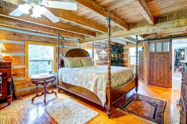 bedroom featuring ceiling fan, wooden ceiling, beamed ceiling, light hardwood / wood-style floors, and wood walls