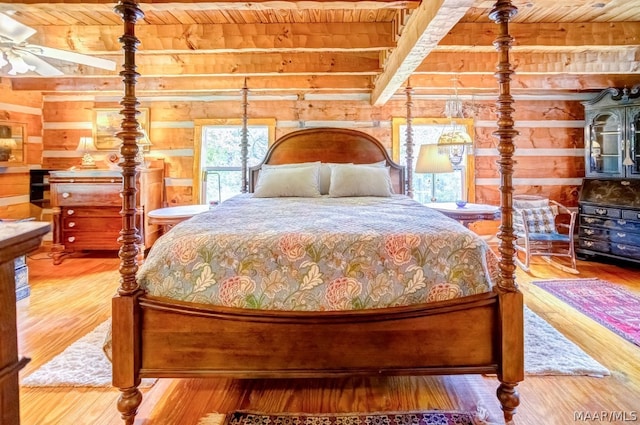 bedroom featuring beam ceiling, wood-type flooring, and wooden ceiling