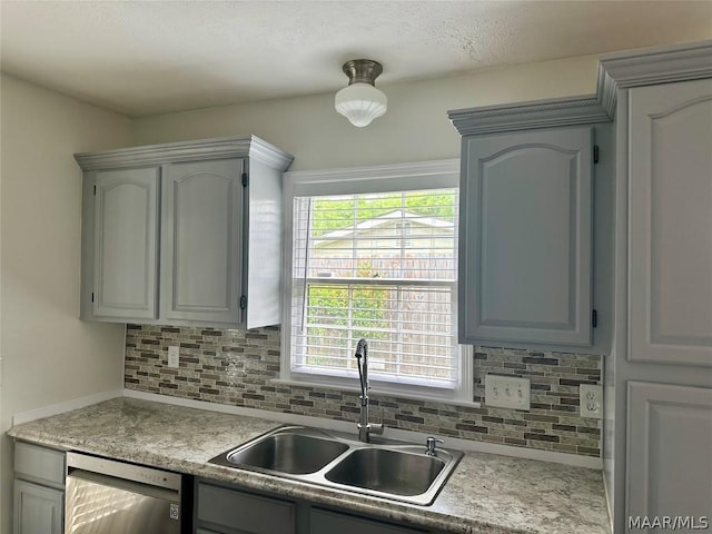 kitchen with stainless steel dishwasher, gray cabinets, and sink